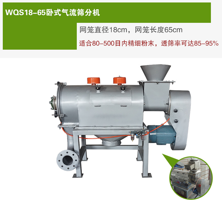 WQS18-65臥式氣流篩分機(jī)網(wǎng)籠直徑為18cm，網(wǎng)籠長(zhǎng)度為65cm